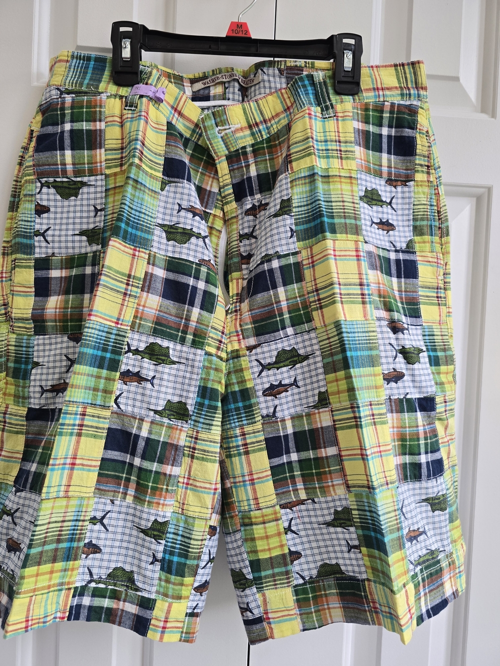 Men's Yellow Multi Plaid Patchwork Fishing-Print Shorts